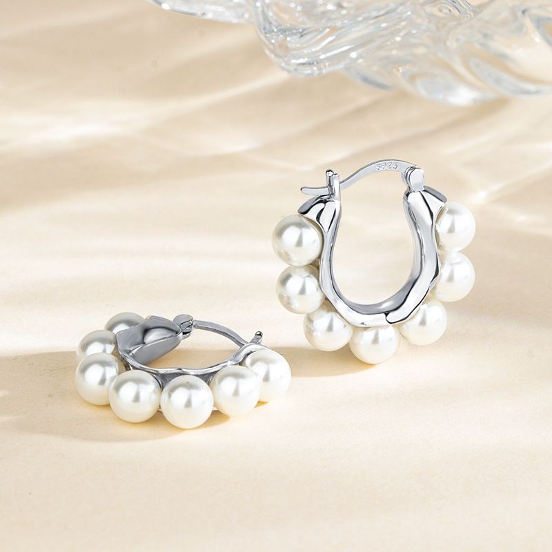 Orecchini a cerchio con perle in argento puro S - Design di nicchia leggero ed elegante | Gioielli per orecchie di alta gamma ispirati alle celebrità di Internet_voghion.com