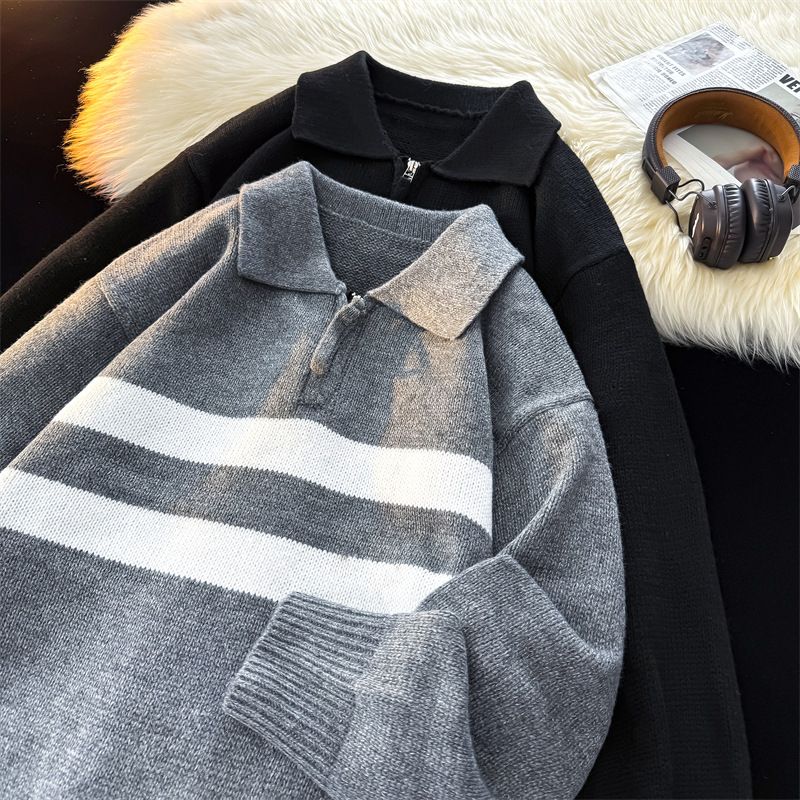 Maglione da uomo con zip a righe color-block – Pullover in maglia con collo polo per inverno e autunno (M-2XL, 60% poliestere, vestibilità ampia, abbigliamento casual da strada)_voghion.com
