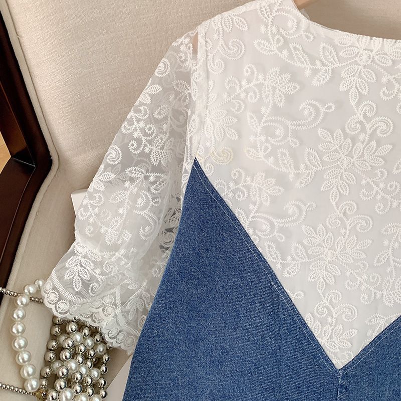 Abbigliamento da donna taglie forti, abito in denim con scollo a V e cuciture in pizzo XX2522_voghion.com