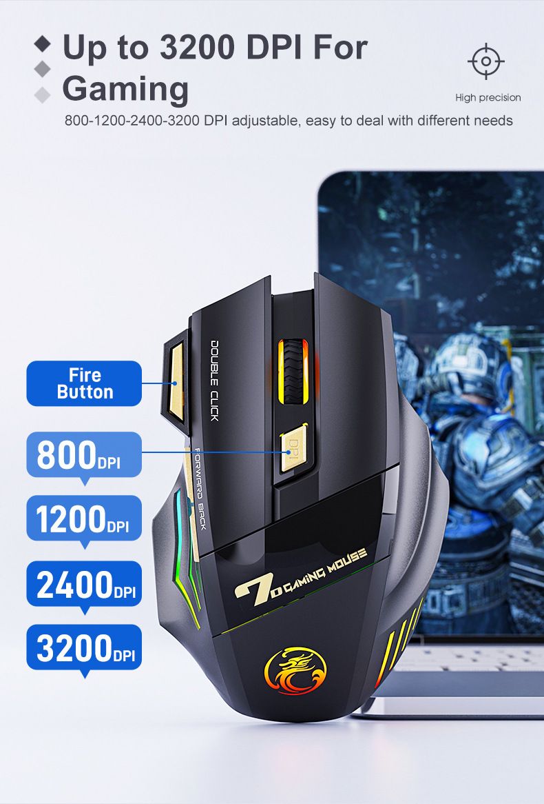 Mouse da gioco silenzioso wireless 2.4G con luce respiratoria RGB, ricaricabile, programmabile a 7 tasti, design ergonomico per laptop/PC (GW-X7)_voghion.com