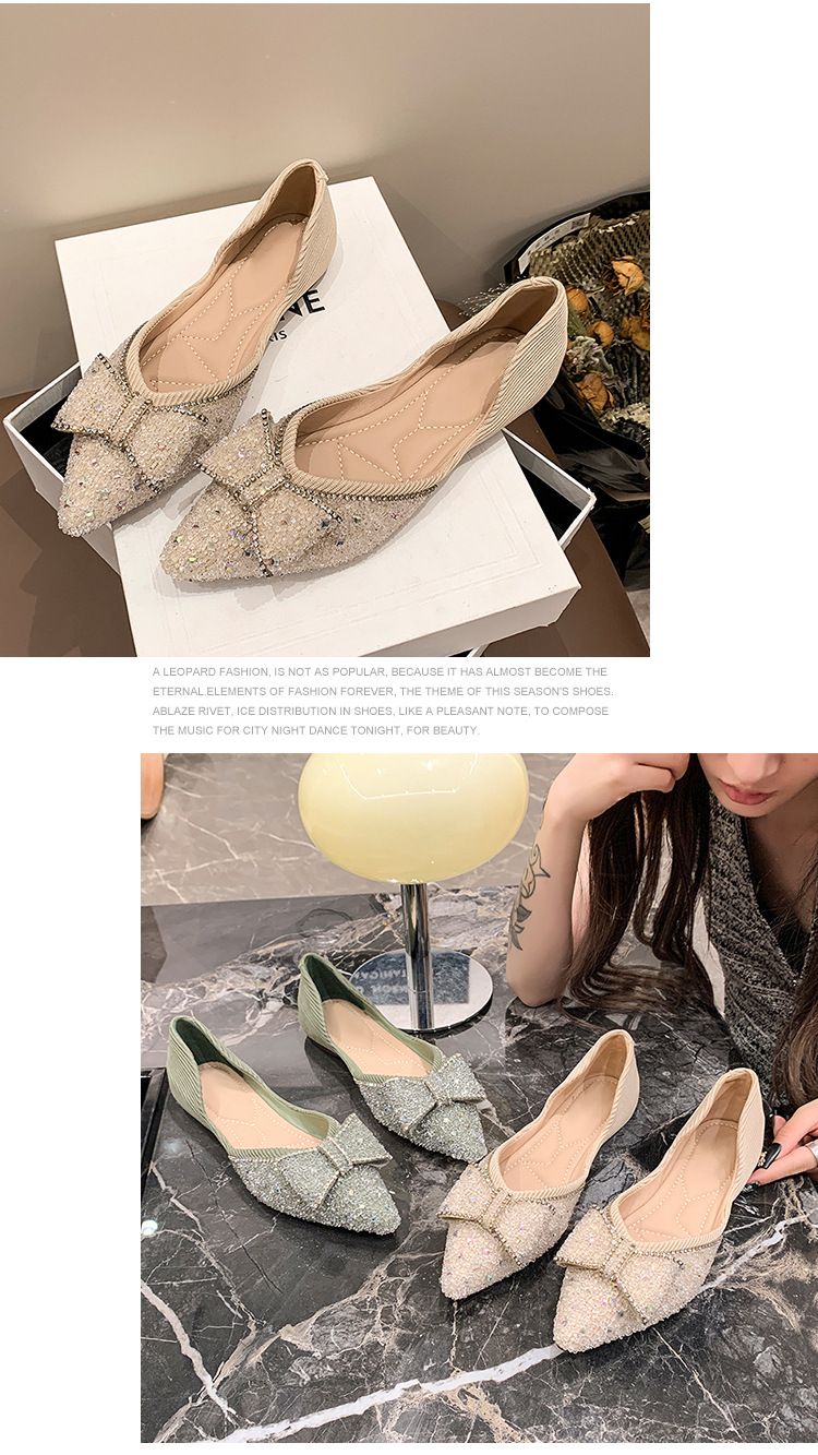 Elegante Ballerinas mit Schleife und spitzer Spitze für Damen – Glitzernde Strass-Ballerinas, Prinzessinnen-Pumps mit niedrigem Absatz, bequeme Slip-On-Abendschuhe_voghion.com