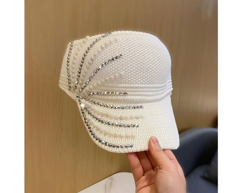 Cappello da donna con perle e strass, cappello a cilindro vuoto, versatile, traspirante, lavorato a maglia, visiera, berretto senza maniche_voghion.com