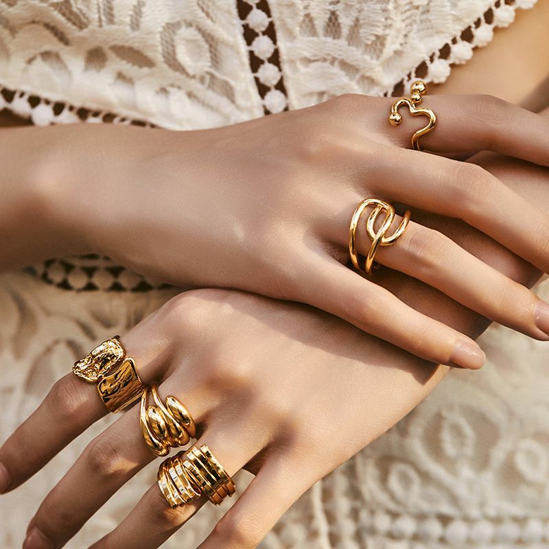 Anello retrò da donna, stile moderno, con placcatura in oro vero, con impilamento irregolare, per preservare il colore, per affari e moda._voghion.com
