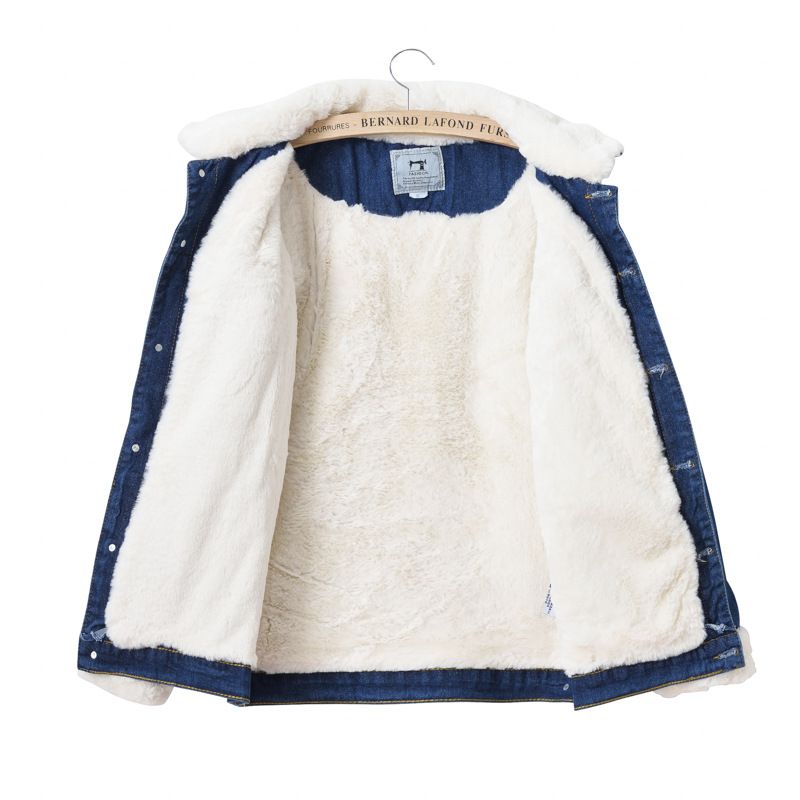 Giacca da donna in denim foderata in pile, calda e calda, con collo in pelliccia sintetica di coniglio, casual, blu, oversize, con spalle scese_voghion.com