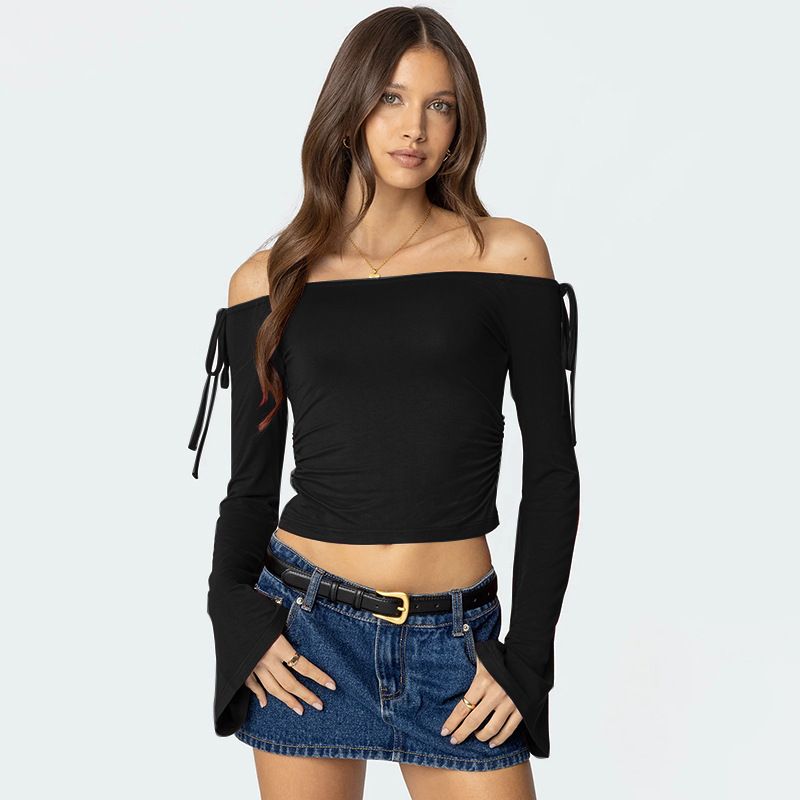 Q24TP650 Women's Autumn/Winter One Word Collar Bow Tie Shrink Fold Short Open Umbilical Top T-shirt_voghion.com