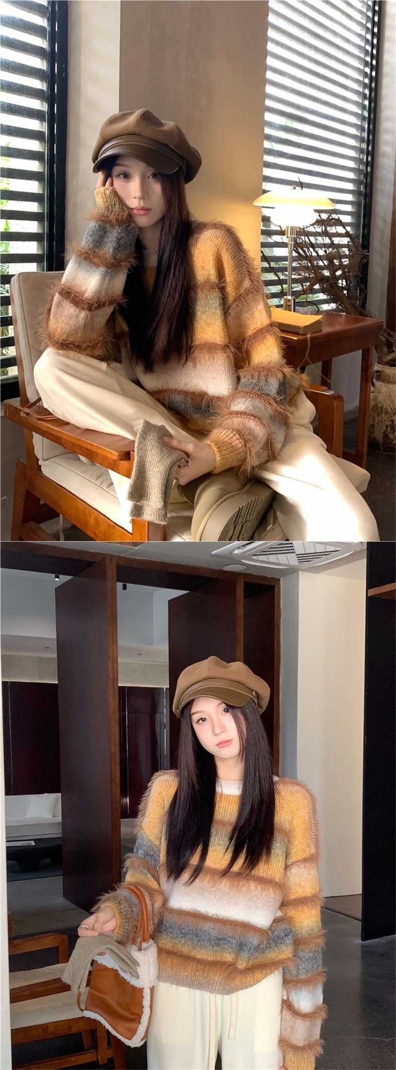 Maglione a righe da donna Maglione a righe Maillard Maglione corto oversize da donna Maglione a collo alto morbido e strutturato in stile vintage_voghion.com