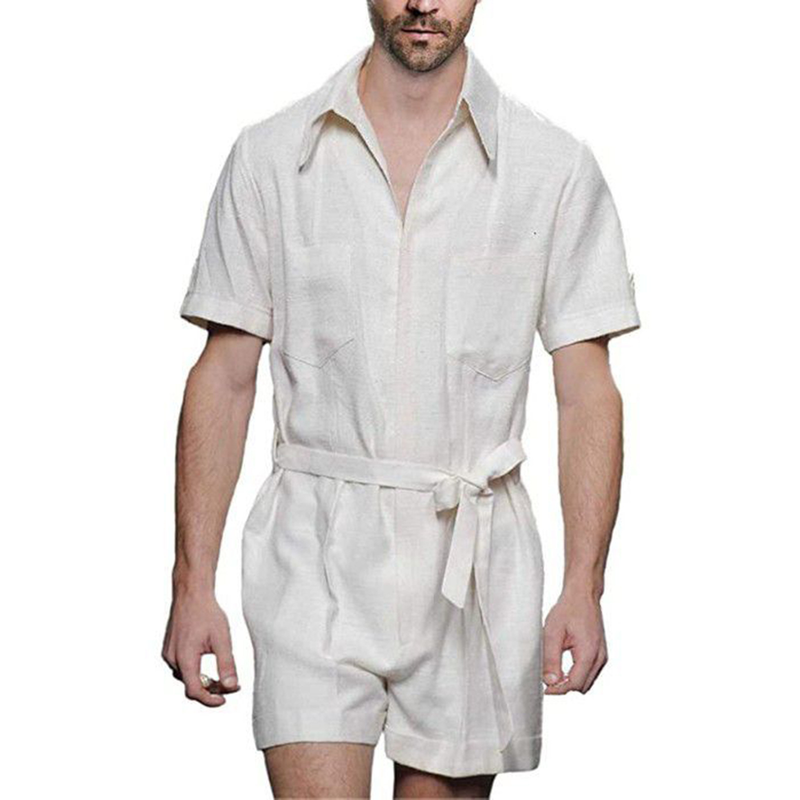 Man's clothing Summer casual sports jumpsuit men summer loose short sleeve T-shirt shorts cotton linen suit men_voghion.com