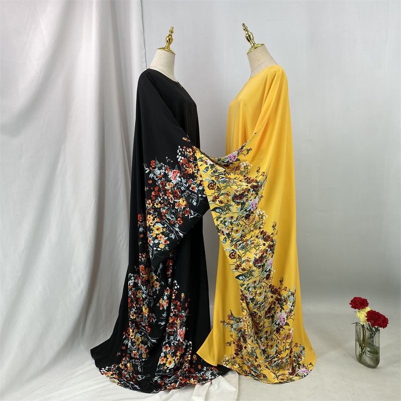 Hot Seller Vleermuismouwen Vlinder Abaya Femme Bloemenprint Kebaya Middenzoom Split Kaftan Jurken Voor Eid Marokkaanse Kaftan Maxi_voghion.com