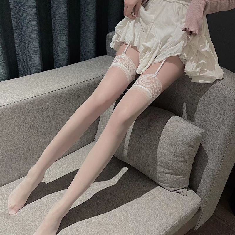 Plonos nėrinių petnešos, itin plonos, karštos JK ilgi vamzdžių nėriniai, juodas šilkas, grynas anime kostiumas, seksualios baltos šilko kojinės_voghion.com