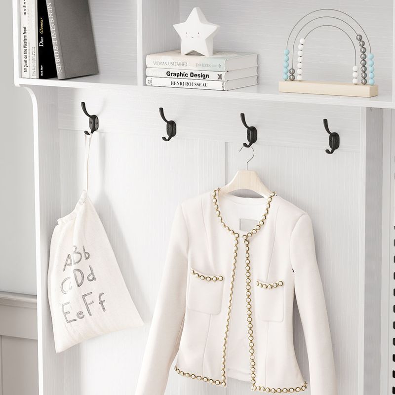 Multi-purpose Hallway Hall Tree With Removable Linen Cushioned Entryway Bench, Coat Rack, Storage Shelves, And DIY Pegboard,for Hallways, Living Room, White_voghion.com