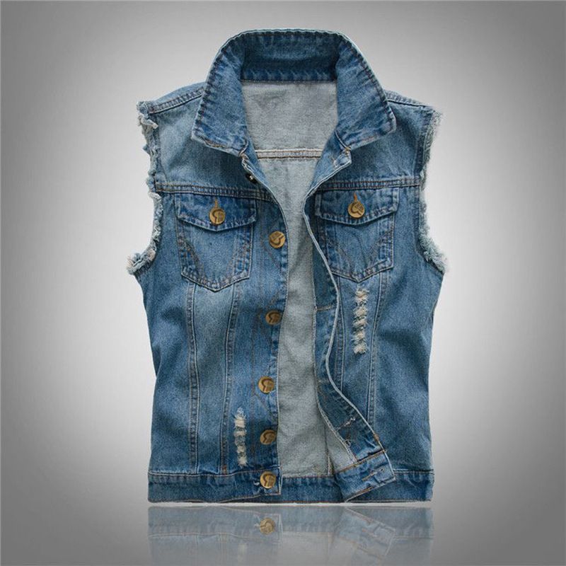 Men’s Slim-Fit Denim Vest – Distressed Washed Workwear Jacket With Multiple Pockets (98% Cotton, S-6XL, Blue)_voghion.com