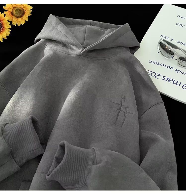 Felpa con cappuccio da uomo in pelle scamosciata pesante con lettere ricamate, giacca casual ampia da autunno e inverno_voghion.com