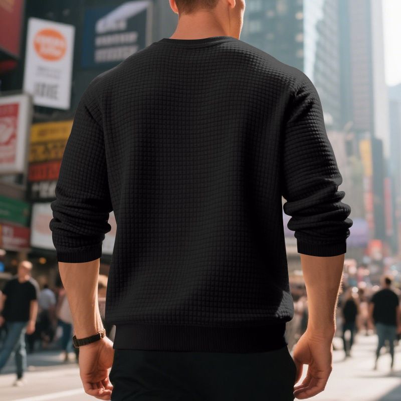 Lässiges Herren-Sweatshirt – Locker geschnittener Rundhalspullover mit Mini-Karomuster | Weiche Baumwollmischung, dicker für Frühling/Herbst_voghion.com