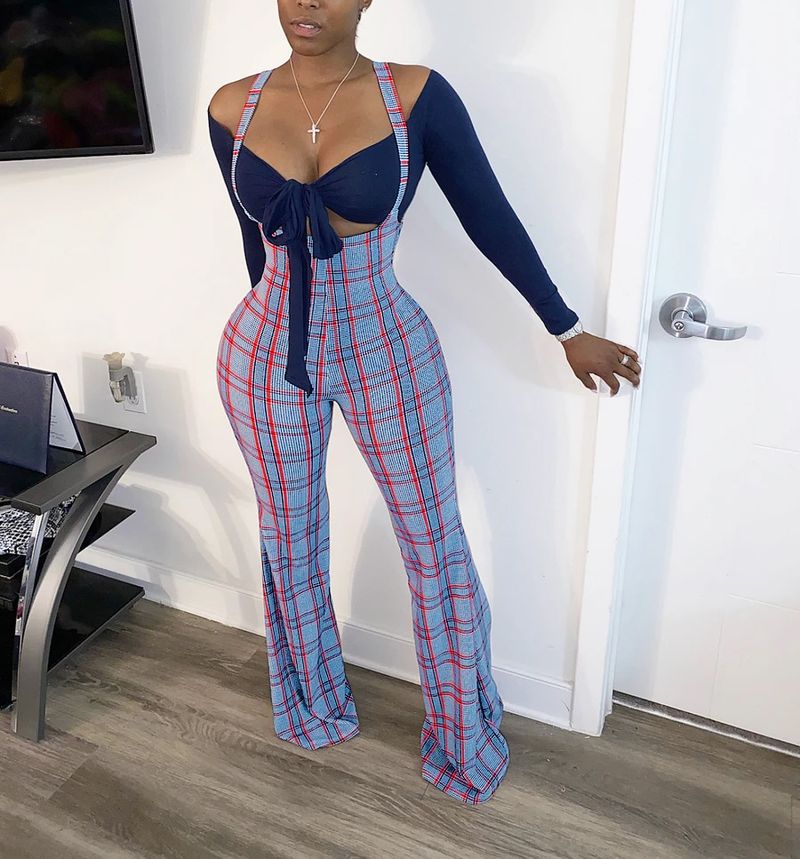 Women's sexy slim line shoulder coat plaid suspenders two-piece set_voghion.com