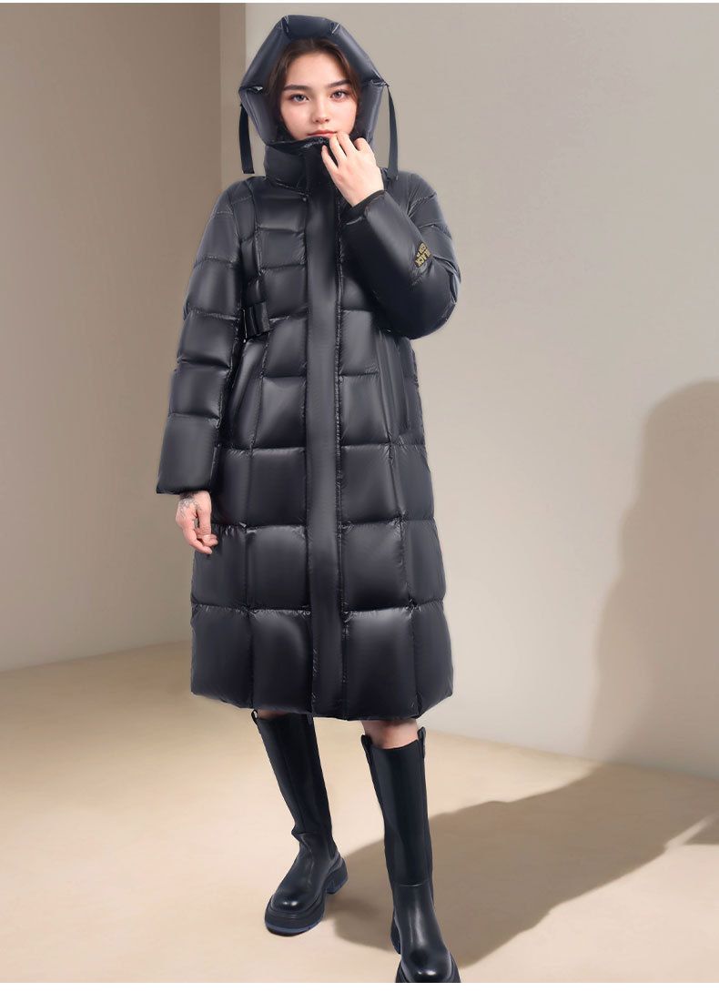 Women's Clothing Long Puffer Coat - Knee-Length Slim Fit Winter Jacket With 55% White Duck Down, 9-Panel Quilting, Belted Waist, Hooded (Sizes M-2XL)_voghion.com