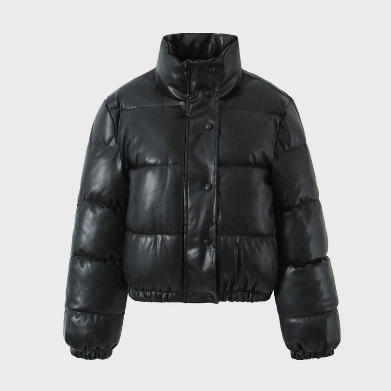 Women's PU Leather Puffer Jacket - Short Stand Collar Winter Coat, Quilted Bomber With Warm Thinsulate, Streetwear Outerwear_voghion.com