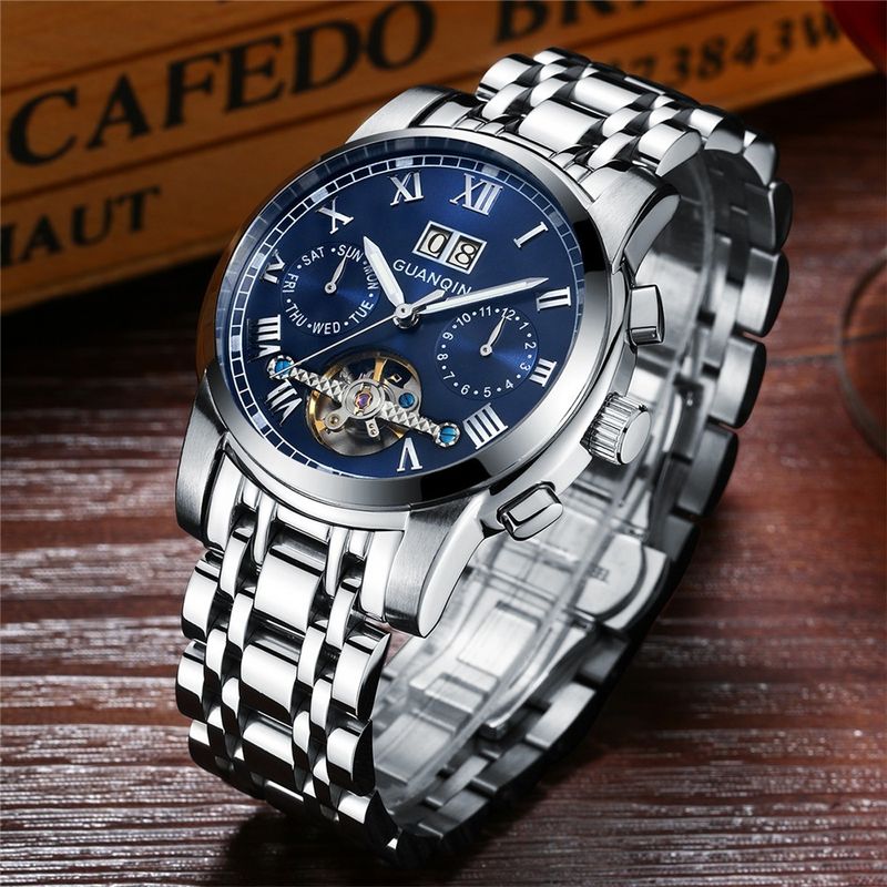 GUANQIN Origineel ontwerp Skeleton Tourbillon Horloge Heren Automatisch Mechanisch Lichtgevend Roestvrijstalen Polshorloge Mode Casual_voghion.com