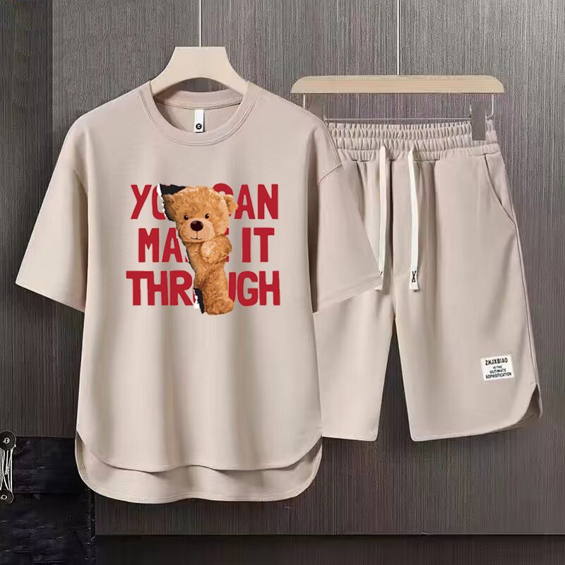 Vêtements pour hommes 2024 gaufré décontracté costume d'été hommes ample adolescent à manches courtes t-shirt Shorts beau deux pièces costume_voghion.com