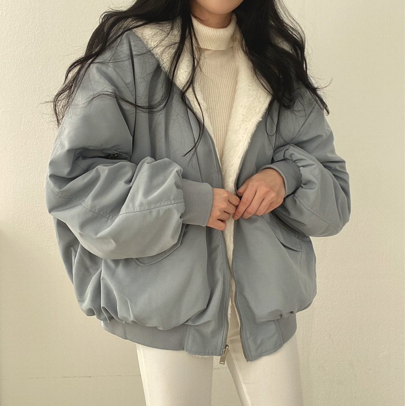 Giacca reversibile Deeptown alla moda coreana Veet in lana d'agnello da donna Haruku con cappuccio oversize tinta unita con zip invernale beige_voghion.com