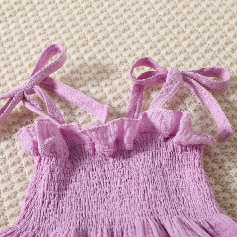 Mother&Kids Set estivo in due pezzi per neonati e ragazze con cinturino in pizzo e spalline in tinta unita, pantaloni a gamba dritta, pantaloni a vita bassa_voghion.com