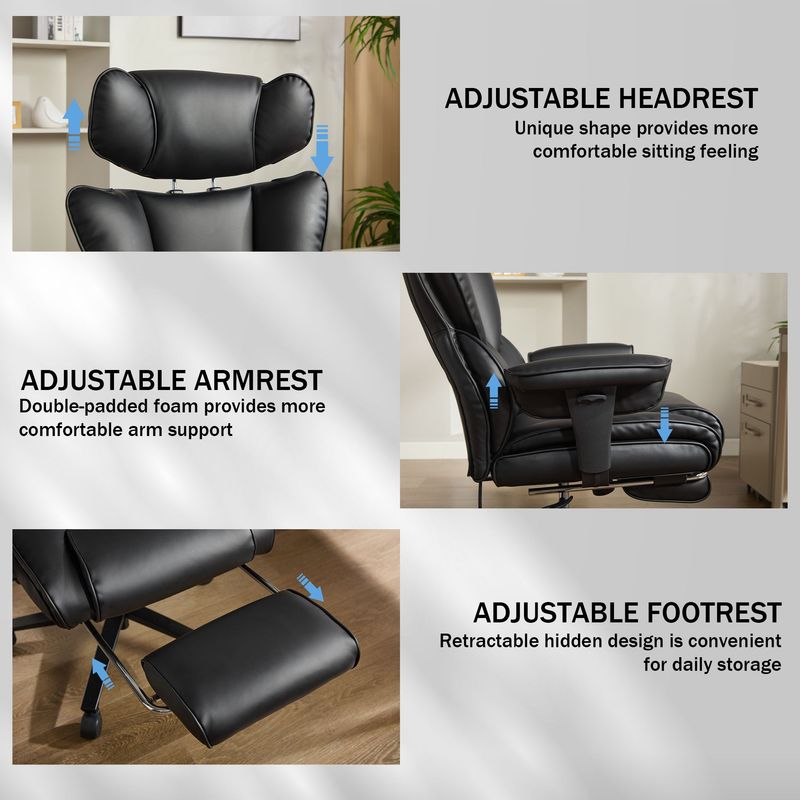 Office Chair With Foot Rest And Waist Lumber Support, Ergonomic Gaming Chair With Adjustable Height Headrest, High-Back Leather Reclining Chair For Home, Black_voghion.com