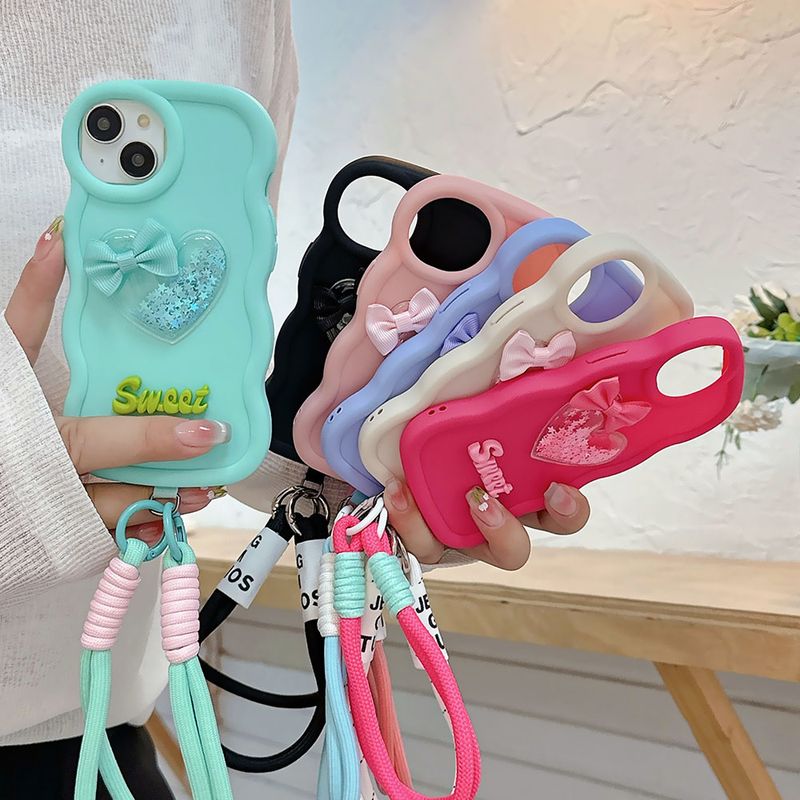 Roztomilý 3D tekutý písek s láskou a srdcem, kudrnatý silikonový měkký kryt na telefon pro iPhone 11 12 13 14 15 Pro Max XS XR 7 8 Plus SE zápěstí_voghion.com
