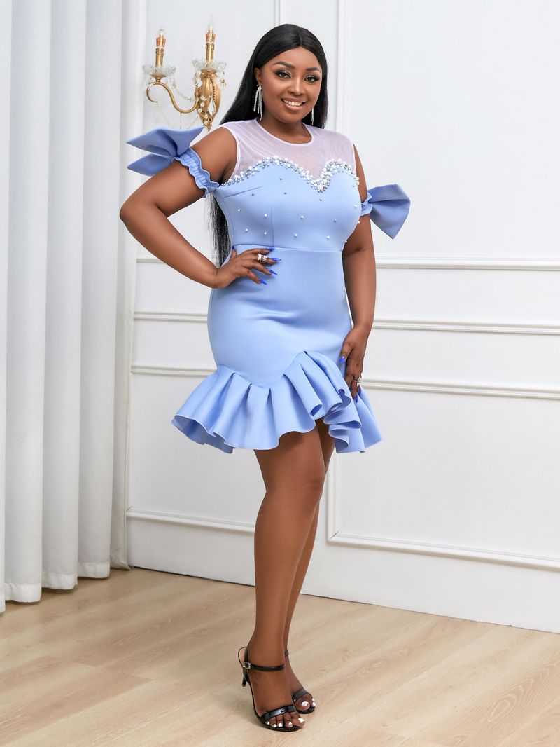 Sexy perspective mesh bow beaded ruffle party dress large size dress_voghion.com