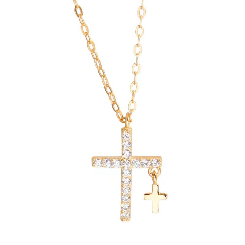 Collana classica in argento Sterling con croce lucida e piccolo ciondolo con ciondolo a catena per clavicola da donna, gioielli raffinati_voghion.com