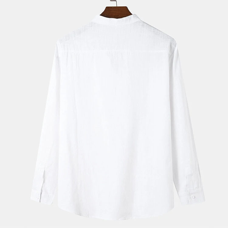 2024 Ny Herr Casual Stand up Collar Dörrringad Enfärgad Långärmad Bambu Knut Bomull Linneskjorta_voghion.com