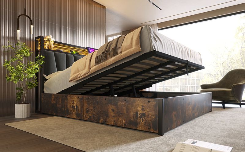 Cadre de lit en métal Polsterbett avec éclairage LED et application de contrôle pour lit double 140 x 200 cm, tête de lit et matelas à chargement USB inclus_voghion.com