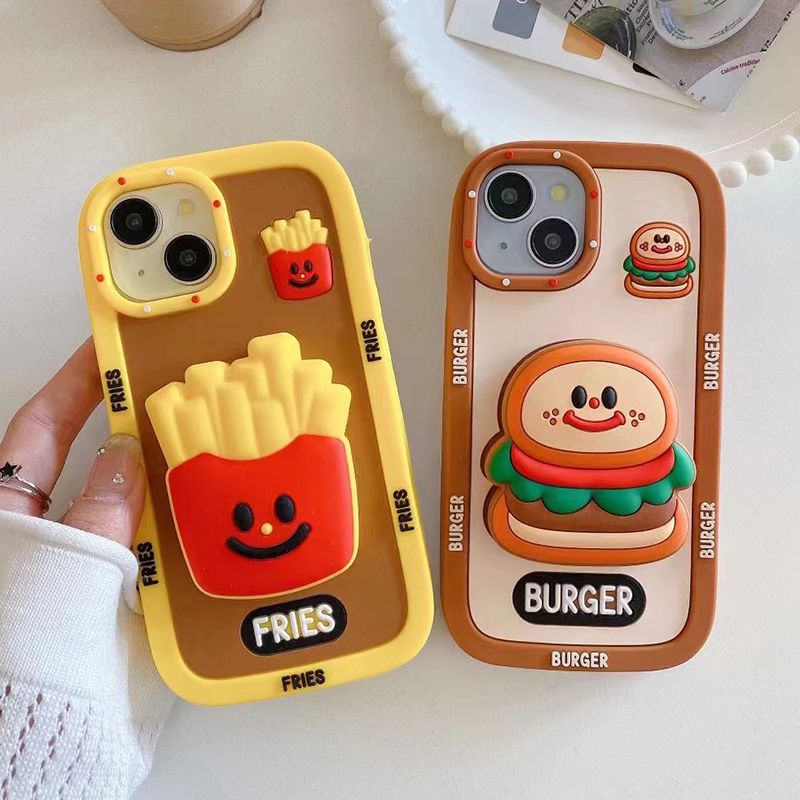 Zabaven 3D silikonski nosilec za krompirček in burger za par telefonov za iPhone 15 Pro Max 14 13 11 12 z držalom in stojalom_voghion.com