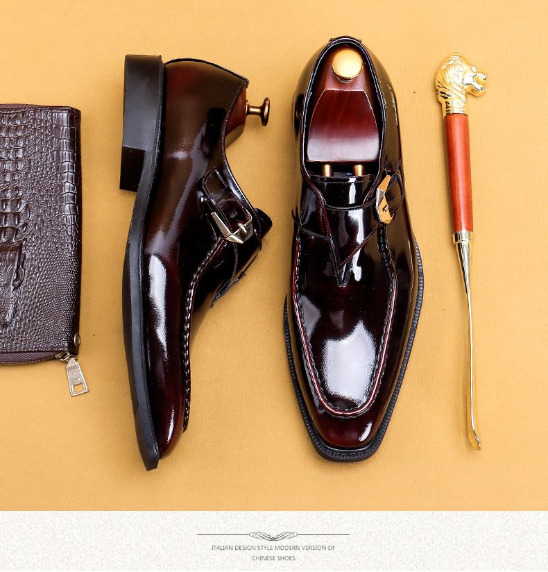 Men's shoes square head business English buckle Monk shoes men's leather patent leather glitter Casual shoes_voghion.com