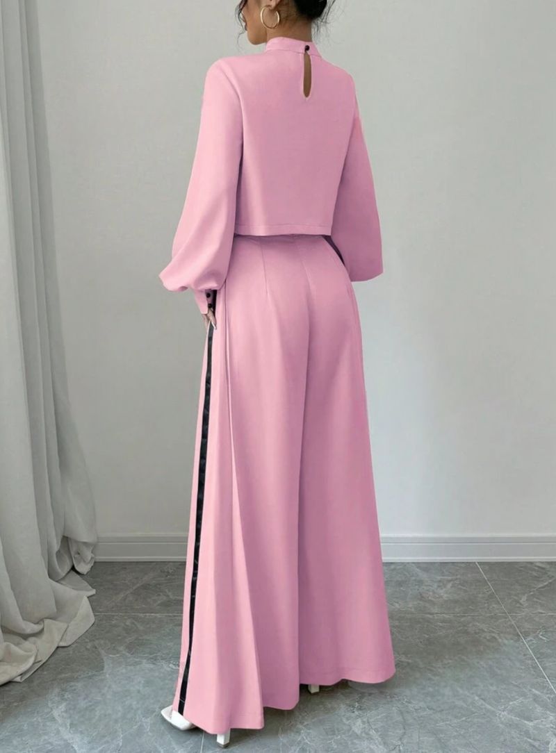 Women's Clothing casual half high collar lantern sleeves fashionable color matching wide leg pants suit_voghion.com