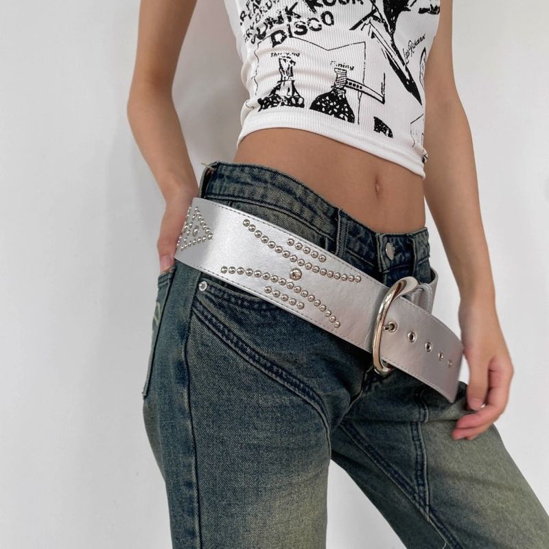 Silver Wide Y2K Studded Leather Punk Vintage Belt_voghion.com