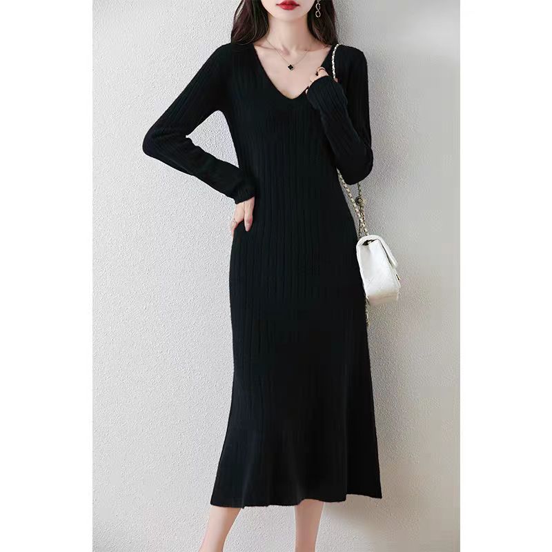 Pull col V en cachemire pour femme, robe trapèze décontractée à manches polyvalentes, robe longue en laine tricotée, automne et hiver_voghion.com