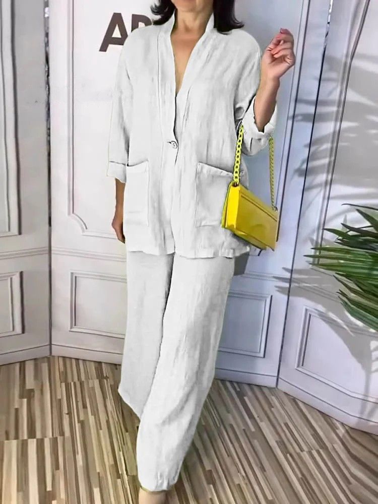 Abbigliamento da donna, completo due pezzi da donna, in cotone e lino, casual, di grandi dimensioni, con scollo a V e pantaloni._voghion.com