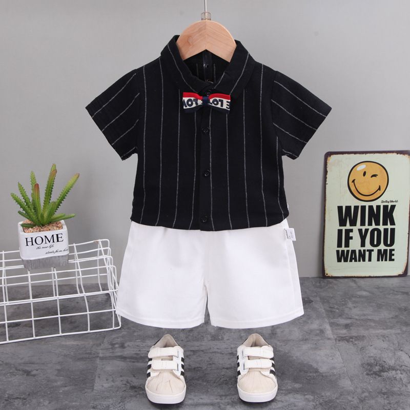 Dragt 2024 Sommer Nye Børn og Drenge Mode Kortærmet Stribet Polo Shirt Todelt Sæt Trendy_voghion.com