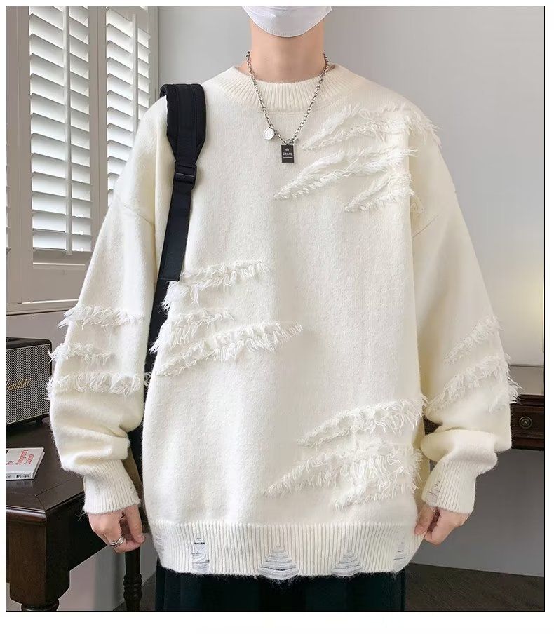 Maglione girocollo giapponese retrò tinta unita per uomo in autunno inverno, tendenza ampia e rilassata, maglia di base pullov aderente_voghion.com