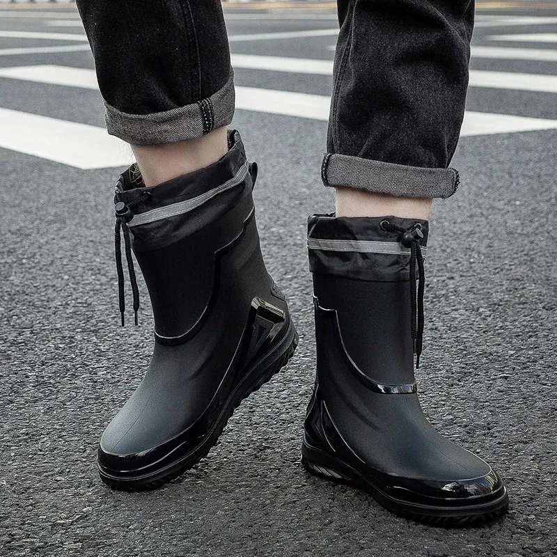 Neue wasserdichte Schuhe, schwarze High Top Knöchel, lässige flache Regenstiefel für Männer, modische Gummistiefel, Größe 39–44_voghion.com