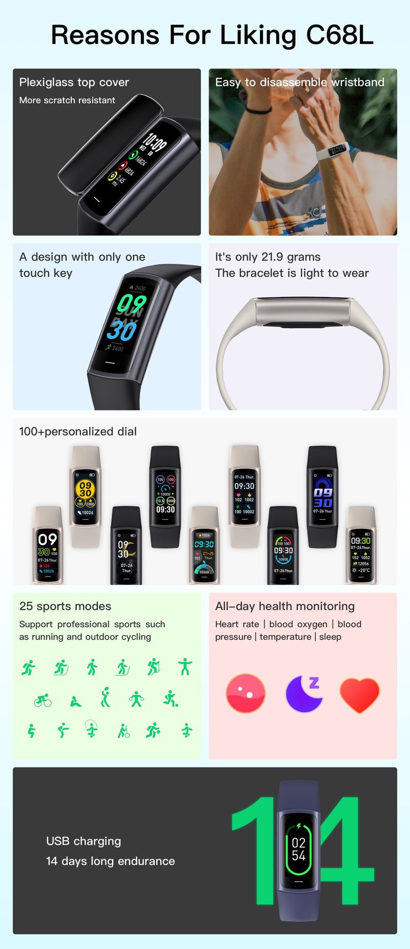 Braccialetto sportivo intelligente alla moda con sveglia e cronografo impermeabile IP67_voghion.com