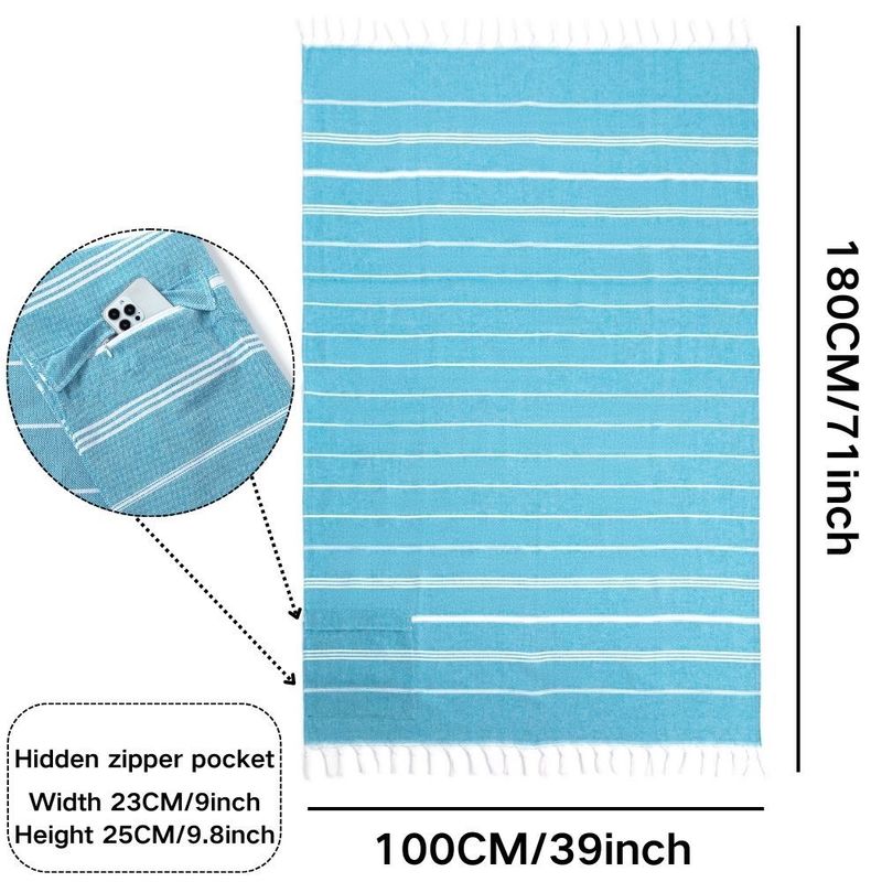 Cotton Turkish Tassel Beach Towel Striped Invisible Zipper Hemming Quick Drying Pocket Towel_voghion.com