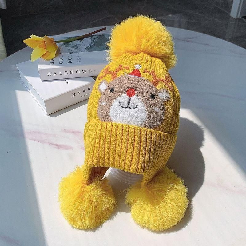 Cappello invernale in lana nuova, motivo natalizio con alce, modello a tre palline di pelo, protezione antivento e calda per le orecchie, versatile cappello lavorato a maglia per bambini_voghion.com
