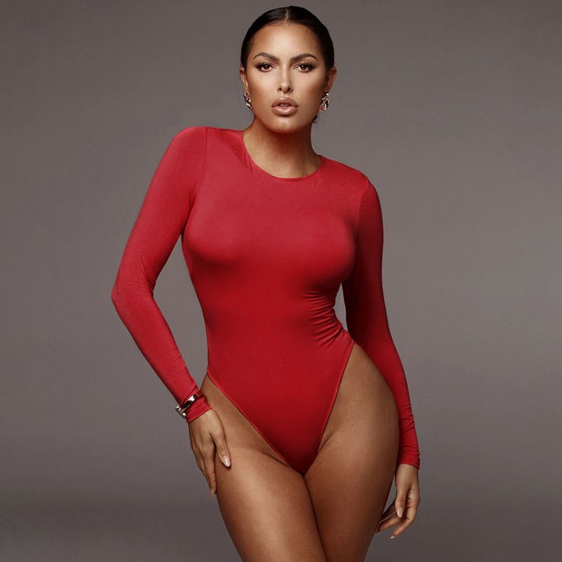 Einfarbiger, schmal geschnittener Body für Damen mit langärmeligem Overall_voghion.com