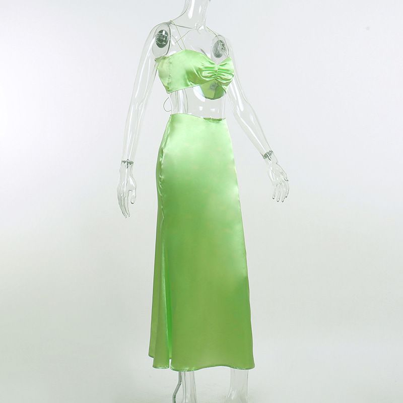 Sommer Sexy Crop Top Damen Zweiteiliges Set Trägerloses Langes Kleid_voghion.com