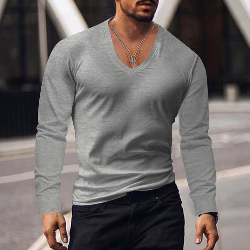 Herrenbekleidung, T-Shirt, Oberteil, Herbst und Winter, unten, V-Ausschnitt, einfarbig, große Größe, lässiges T-Shirt mit langen Ärmeln_voghion.com