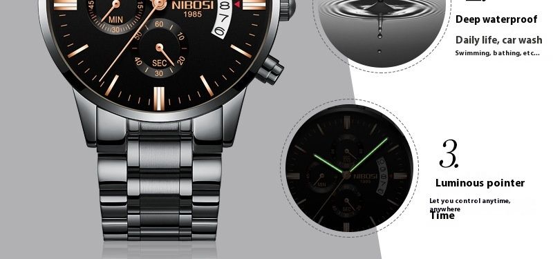 Reloj de cuarzo con tres esferas y 6 pines luminoso con esfera de acero macizo y botón de mariposa SI para hombre, resistente al agua y con revestimiento de vidrio_voghion.com