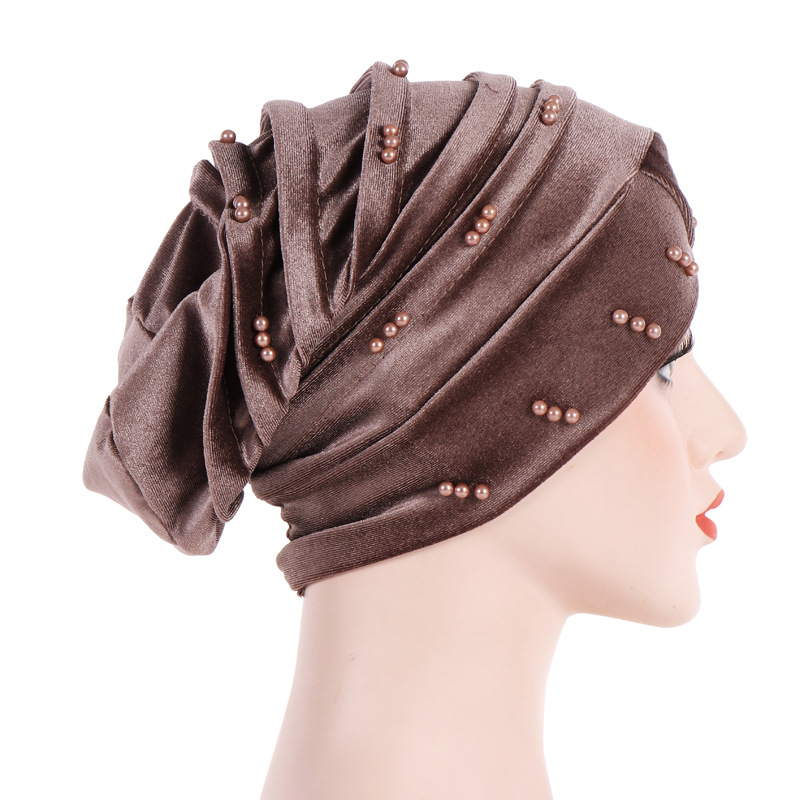 2024 Cappello in pile pieghevole con fascia musulmana in velluto coreano con perle_voghion.com