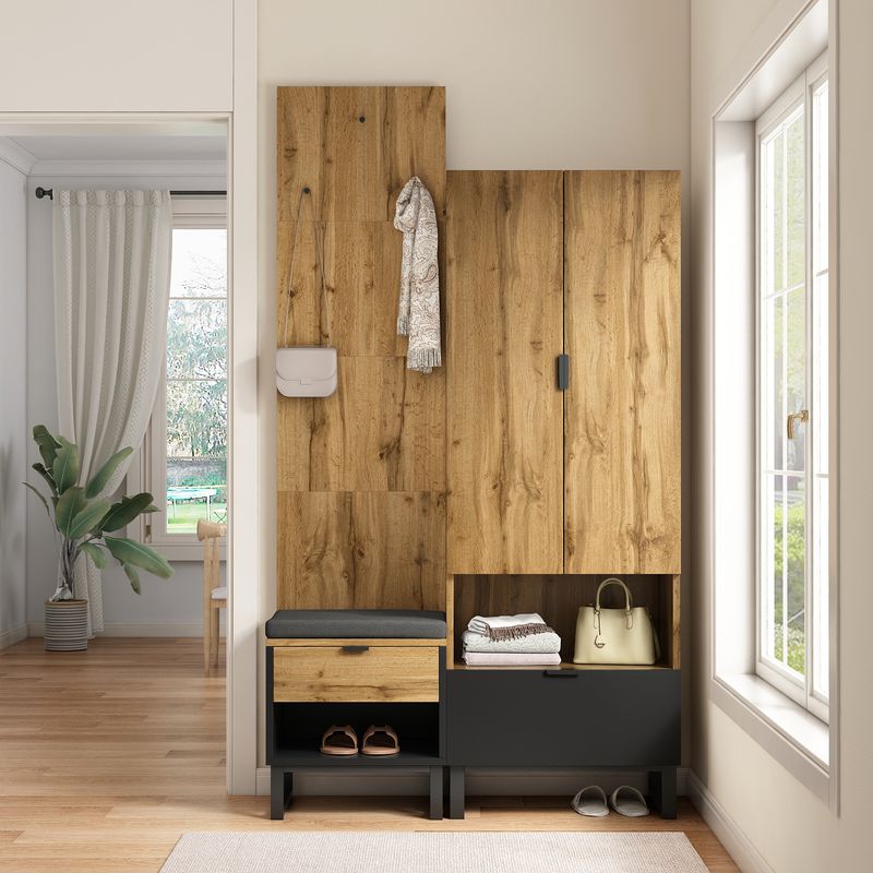 Ensemble Garderoben avec banc à chaussures et coussin, accessoires suspendus à l'avant, tiroirs et étagères réglables_voghion.com