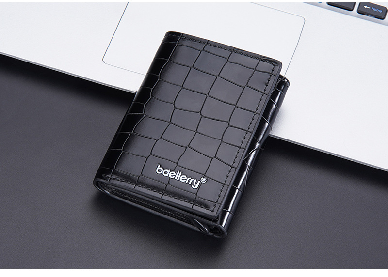 Baellerry neuer Kartenhalter für Herren RFID Metall-Aluminium-Box elastische Kartenbox Krokodilmuster dreifach gefaltete Brieftasche_voghion.com