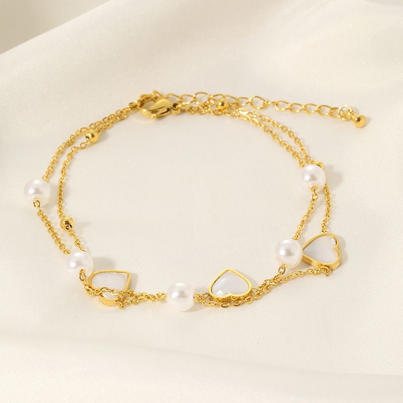 Doppellagiges Fußkettchen aus Perlen und Perlmutt – Vergoldeter Edelstahl, eleganter Fußschmuck für Frauen_voghion.com